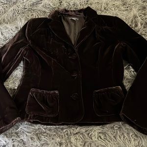 Brown velvet blazer 12 fitted L fully lined front pockets covered buttons apt. 9